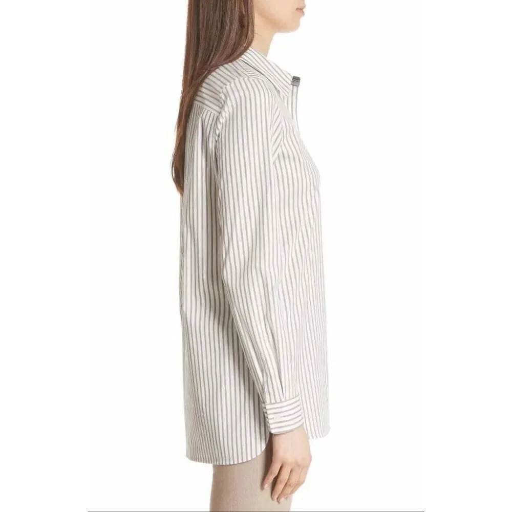 Lafayette 148 New York Helen Striped Button-Down Shirt White, Gray Size S - Picture 3 of 12